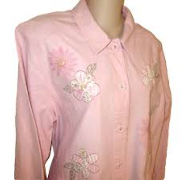 Alfred Dunner Pink Floral-appliqué Cotton blend long-sleeve Shirt Blazer - Picture 1 of 8